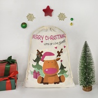 Sac de Noël en toile rose et bleue avec rennes et Père Noël, grand format, avec cordon de serrage, pour cadeaux de Noël
