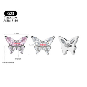 Boucles d'oreilles papillon en titane F136, clous en zircon de qualité 5A pour piercing d'oreille ou de lèvre, bijoux unisexes - Product Image 1