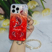 Coque de téléphone en TPU+PC avec motif de carpe imprimé pour iPhone 16 15 14 13 12 11 Pro Max avec bracelet, coque rigide arc-en-ciel