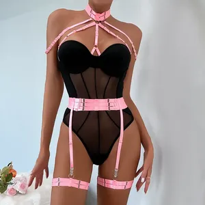 Lingerie sexy pour femme, body en maille froncée, bandage, couleur contrastée, transparent, shapewear, body sculptant une pièce, polyester, CE - Product Image 2