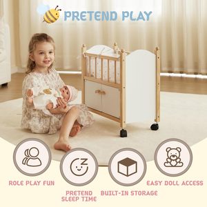 Culla per Bambole in Legno con Ruote e Contenitore Integrato per Giocattoli, Lettino per Bambole con Spazio di Archiviazione per Giochi di Ruolo - Product Image 2