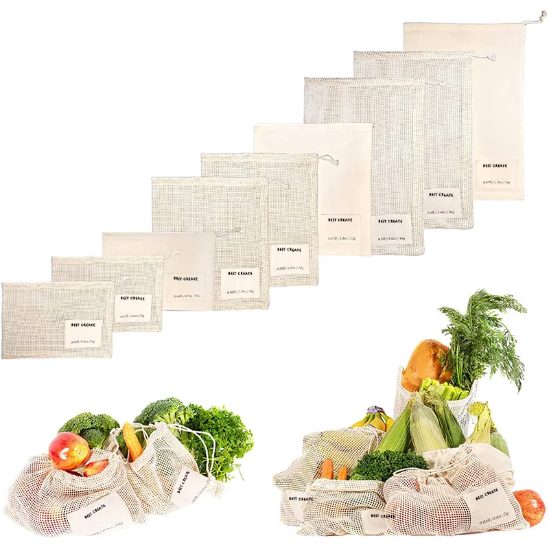 Biodegradable Washable Organic Cotton Net Vegetable Fruit Fridge Storage Bags with Drawstrings and Tare Weights