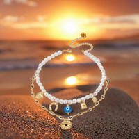 Collier multicouche de style vacances d'été avec fleur de verre oeil de fer à cheval perle médaillon breloque bijoux de mode