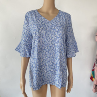 Summer Bohe Wholesale v Neck t Shirt Floral Flower Loose Blouse Elegant Ruffled Sleeve Women Shirts Blouses and Tops