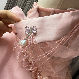 Vestido de Noche Largo hasta el Suelo con Perlas de Satén y Cola Lateral para Boda, Fiesta, Baile de Graduación, Temporada de Verano, con Decoración de Encaje y Cintura Natural, Quinceañera - Product Image 6