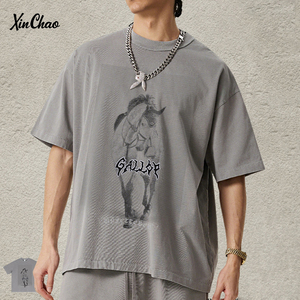 T-shirt da <span class=keywords><strong>uomo</strong></span> di alta qualità 275G pesante, con ricamo testa di cavallo, lavaggio effetto <span class=keywords><strong>vintage</strong></span>, stile western, oversize, streetwear, <span class=keywords><strong>abbigliamento</strong></span> personalizzato - Product Image 1