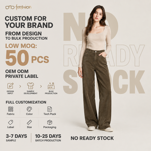 <span class=keywords><strong>Pantaloni</strong></span> Larghi da Donna <span class=keywords><strong>Marroni</strong></span> con Effetto Costina, Vita Alta, Cerniera Frontale, Casual per Uso Quotidiano, Personalizzabili OEM, Produttore all'Ingrosso - Product Image 2
