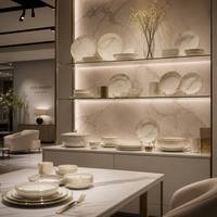 Service de vaisselle en céramique marbrée cuite à haute température, ultra-durable, en porcelaine de qualité supérieure, avec bordures dorées artisanales