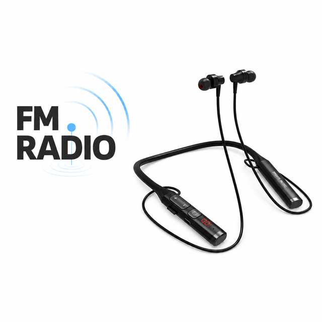 Wireless Neckband FM Radio Memory Card MP3 Sports Headset Earbud & In-Ear Headphones with Digital Display JL Chipset for Travel