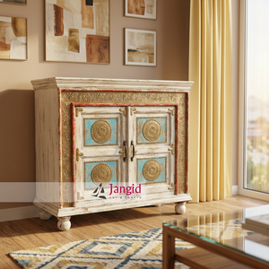 <b>Vintage</b> Reclaimed Wood Distressed White Washed Living Room Cabinet Brass Floral Work Storage Cupboard Handmade Hotel Farmhouse - Product Image 5