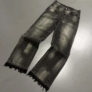 Men's <b>Jeans</b> Manufacturer Custom High Waist Sun Faded Denim Pants <b>Raw</b> <b>Hem</b> Cropped <b>Jeans</b> Baggy - Product Image 1
