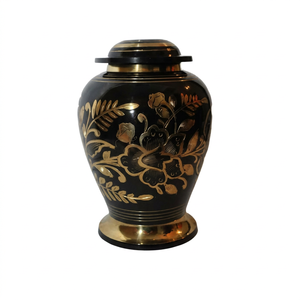 Urna Funeraria de Latón Negro con Diseño Floral, Ataúd Conmemorativo Personalizado para Entierro de Adultos - Artesanía India - Product Image 1