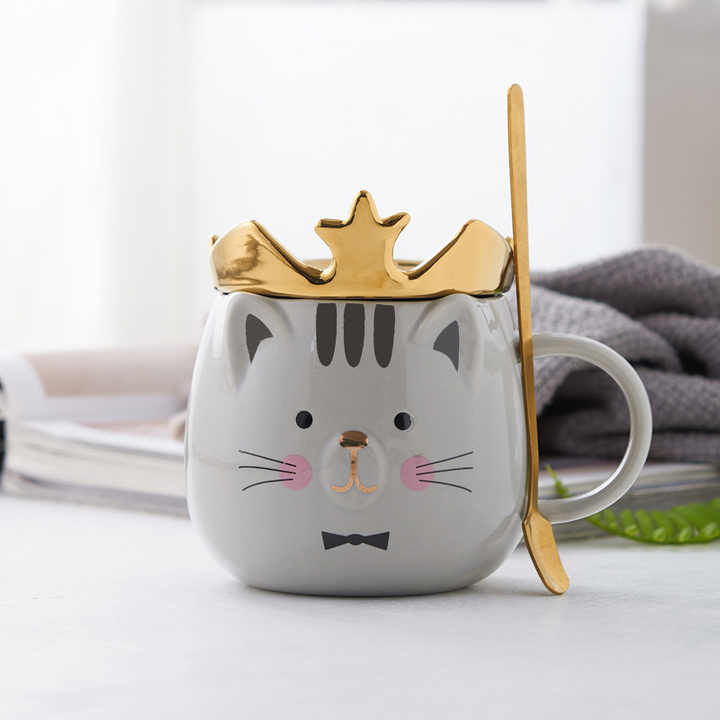 NEWSTAR猫咖啡杯，陶瓷可爱茶奶杯，带勺子的女女孩爱猫者，情侣咖啡杯最佳礼物