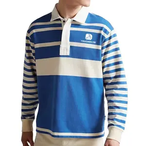 Polo da Rugby 100% cotone da uomo a righe bianche e blu di alta qualità per uomo Logo ricamato personalizzato