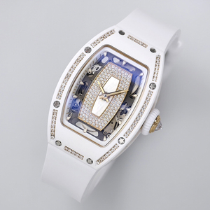 Reloj Mecánico de Cerámica Blanca con Diamantes de Alta Gama para Mujer, Elegante y Único, con Forma de Barril, Resistente al Agua, con Correa de Goma Deportiva - Product Image 1