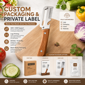 Ensemble de 2 éplucheurs de cuisine en acier inoxydable avec logo personnalisé, manche en bois, éplucheur de légumes et de fruits avec ouvre-bouteille et coupe-échalote - Product Image 6