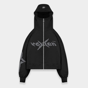 Tùy chỉnh thiết kế cổ điển rửa đồ họa màu đen nặng nề Cotton DạO Phố quá khổ thả vai đầy đủ Zip Up Áo trùm đầu - Product Image 2