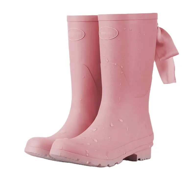 2022 नवीनतम फैशन शीर्ष डिजाइन सुरुचिपूर्ण गुलाबी फीता धनुष रबड़ के जूते थोक महिलाओं बारिश जूते उच्च एड़ी रबड़ के जूते