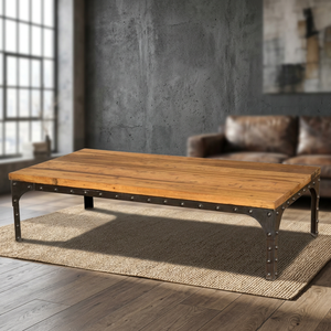 Table à manger moderne de style industriel avec dessus rectangulaire en bois de manguier, pieds en fer, meubles de salle à manger pour maison, hôtel et restaurant - Product Image 1