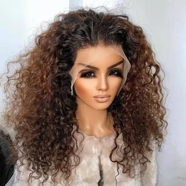 Lange Gemengde Bruine Highlight Kleur Hd Full Lace Front Water Wave Pruiken Diep Krullend Pruiken Maagdelijk Braziliaans Haar Voor Zwarte Vrouwen