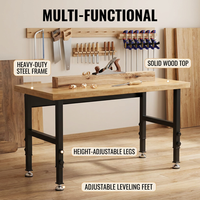 Banc de travail robuste réglable en hauteur, plateau en bois massif, structure en acier, table de garage, table d'atelier, bureau à domicile, table d'étude industrielle