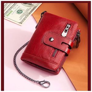 Wholesale Custom Luxury Genuine Leather Small Double Zipper <b>Wallet</b> Slim Minimalist <b>Rfid</b> Blocking <b>Men</b> <b>Wallet</b> With Metal Chain - Product Image 2