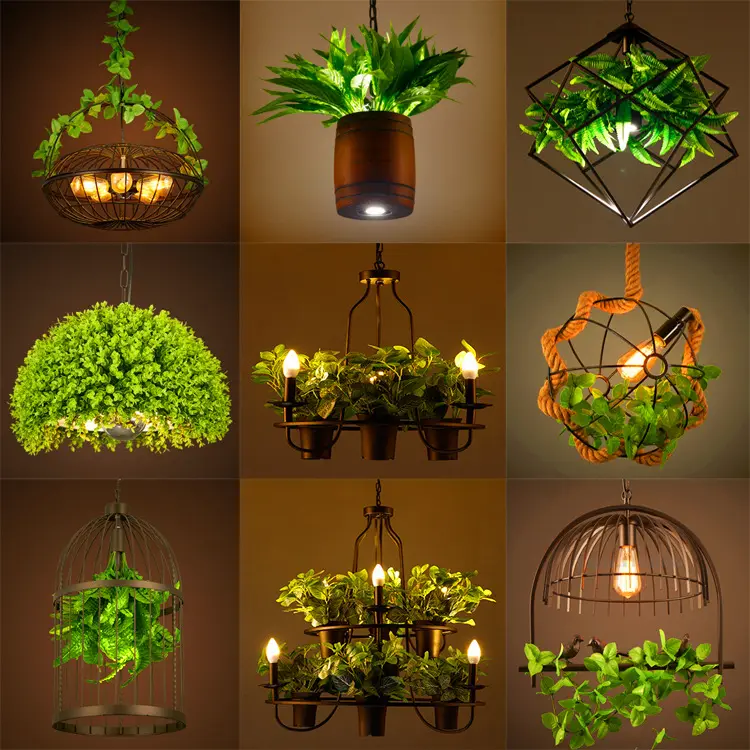 Светодиодная Цветочная люстра, креативная лампа в американском ретро-стиле для отеля, арт в стиле индастриал, для бара, с зелеными растениями