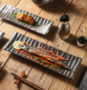 Piatto rettangolare in ceramica smaltata per Sushi lungo 14 pollici semplice piatto nero ristorante piatto da portata in ceramica vassoio per cena giapponese - Product Image 6