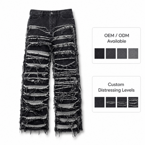 <span class=keywords><strong>Jeans</strong></span> da Uomo in Denim Elasticizzato Grigio Scuro, Gamba Larga, Effetto Usurato <span class=keywords><strong>con</strong></span> <span class=keywords><strong>Strappi</strong></span> a Scala su Tutta la Lunghezza, Bordi Sfilacciati e Fodera Grigia - Product Image 5