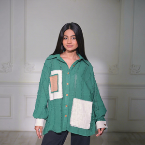Hauts en lin tissé patchwork bohème pour femmes avec manches bouffantes, col rabattu, coupe ample, pour le printemps et l'été, à porter au quotidien - Product Image 1