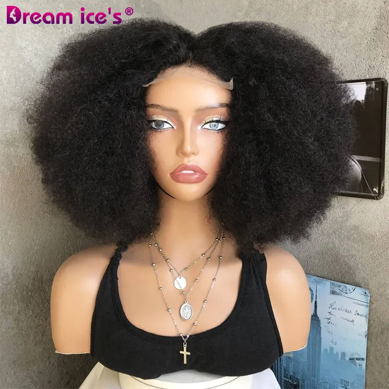 Preço de fábrica por atacado 4*4 Front Lace Wigs Bomb Afro Kinky Curly Glueless Misturado Cabelo Humano Brasileiro Mistura Cabelo Para As Mulheres Negras