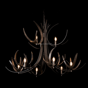 Adjustable Link Chain Rustic Farmhouse Pendant Light Artistic Curved Metal Caribou <strong>Stag</strong> Horn Candle Chandelier - Product Image 2