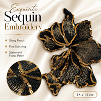 Grande applique florale noire à sequins, brodée or, à coudre, pour vêtements, robes, vestes, et projets DIY