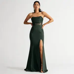 New Fashion Strapless Lace Satin Slit Plus Size Maxi Dresses Prom Emerald Green Long Gown Evening Dress
