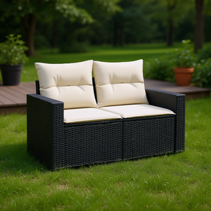 Sofá Modular de Jardín de 2 Plazas, Color Negro Crema, Ratán PE, Muebles de Exterior - Product Image 2