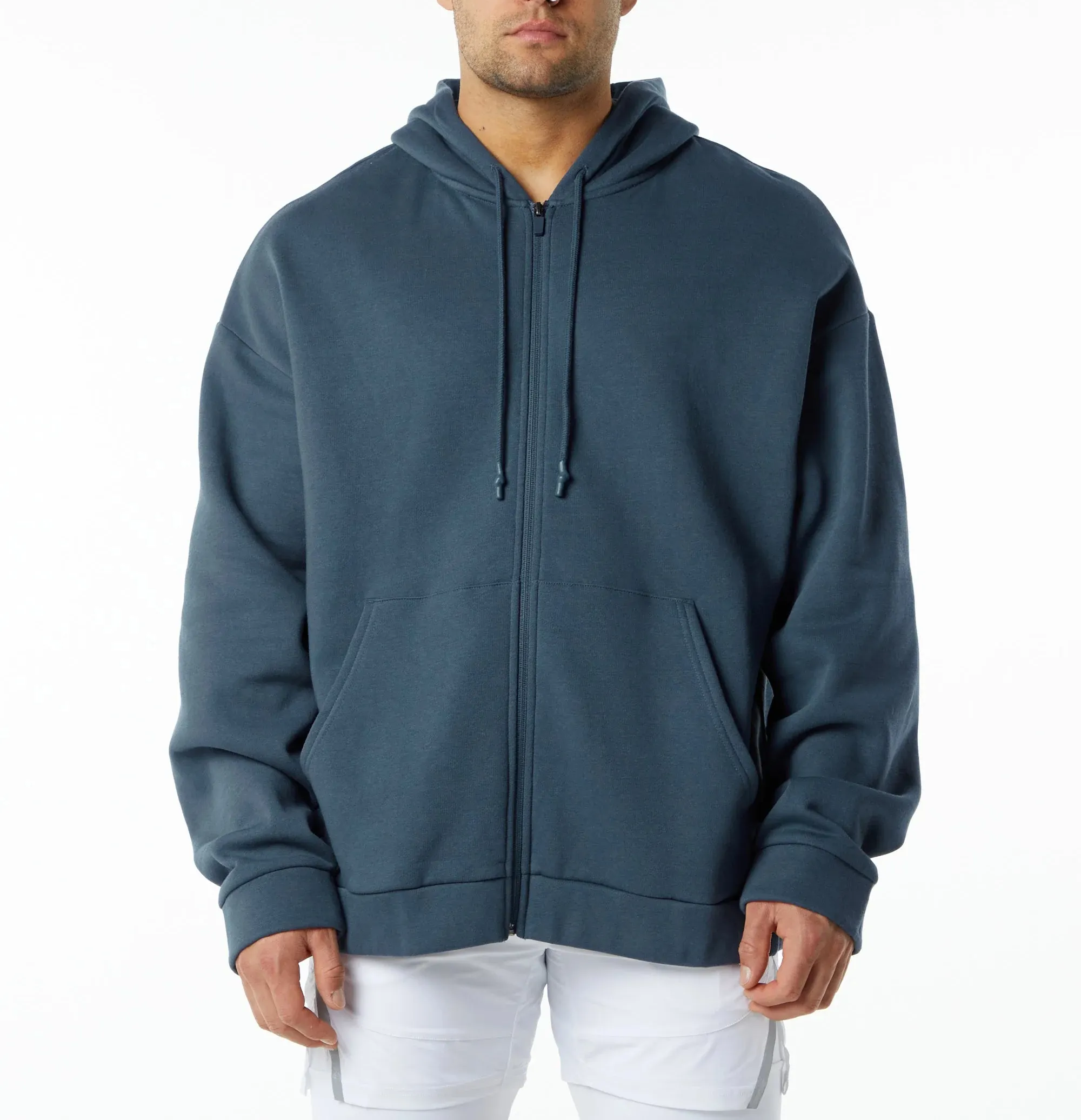 Aanpassen Mannen Drop Shoulder Jacks Double-Ruhed Fleece In Hoodies Met Kangoeroe Pocket