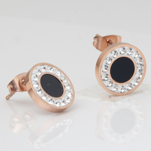 Rose Gold Round <b>Stud</b> <b>Earrings</b> With Crystal Circle <b>Black</b> Center Stainless Steel For Party Women Fashion Jewelry - Product Image 2