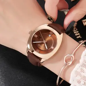 GUOU 8097 элегантные женские кварцевые часы Гуанчжоу, горячая Распродажа, ремешок из натуральной кожи, водонепроницаемые, отображение даты, повседневные наручные часы