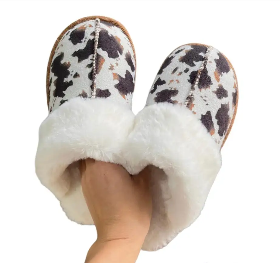 Dream.G Wholesale Cow Print Leopard Print Rubber Sole Rabbit Fur Winter Slippers Warm Plush Slippers