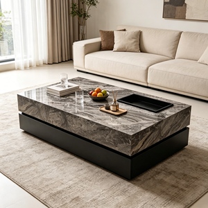 Glossy Grey Vein Sintered Stone Rectangle Coffee <b>Table</b>, Low Profile Solid Base Center <b>Table</b> For Modern Minimalist Living Room Fu - Product Image 3