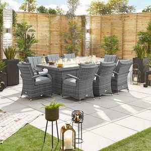 Lussuoso giardino esterno Patio fuoco pozzo mobili Rattan 8 posti Set da pranzo con tavolo rettangolare Firepit 2m x 1m