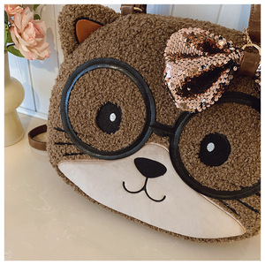 Bolso de invierno 2026 de felpa para mujer, lindo bolso de oso con gafas de sol, bolso de animales, bolso grande de cabeza de gato de auténtica lana de cordero - Product Image 3