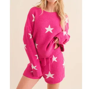 Ster Prints Sweatshirt Pyjama Bijpassende Sets Dames Pluche Lounge Kleding Set Zachte Lange Mouwen Ster Print Top En Korte Set