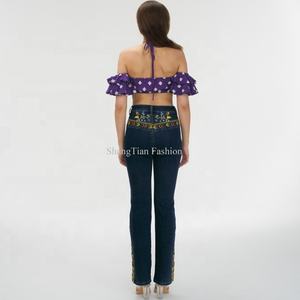 Jeans de Alta Calidad para Mujer al por Mayor en Europa y América, Jeans de Mezclilla Elásticos con Estampado Floral Azul y Bordado - Product Image 6