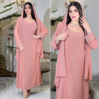 Setelan Jalabiya Mewah 2-Potong dari Kain Chiffon Polyester dengan Hijab Berhiaskan Rhinestone, Lengan Panjang, Elegan, Berkilau, Gaun Pesta Malam Dubai Kaftan