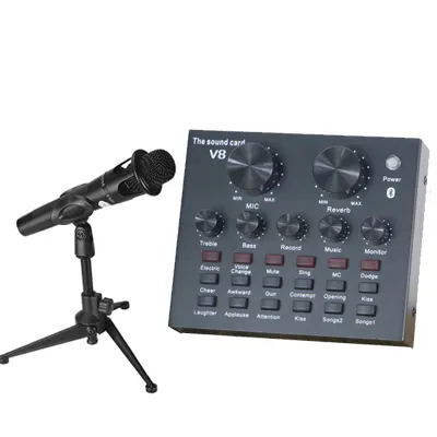 Professionale apparecchiature di trasmissione In Diretta esterna studio microfono auricolare V8 interfaccia usb scheda audio con microfono a condensatore
