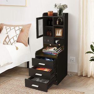 <span class=keywords><strong>Mesita</strong></span> de <span class=keywords><strong>Noche</strong></span> Alta con Estación de Carga, Gabinete con 3 Cajones y Puerta Acrílica, Color Negro - Product Image 4
