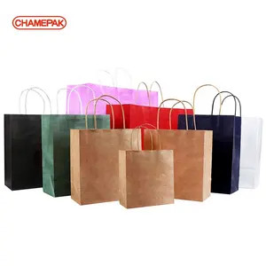 Chamepak לבצע שקיות כיתה מתכלה takeaway קניות מותאם אישית מודפס חנות חום קראפט שקית נייר עם ידית