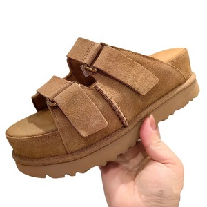 Brown Khaki Velcro Flat Sandals Women Open <b>Toe</b> Anti-Slippery Beach Shoes Slip-On Genuine Leather Upper Thick Sole Outdoor Heel - Product Image 5