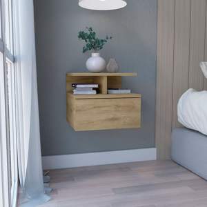 Mesita de noche flotante Seward de DB Depot, panel de madera de macadamia, cajón individual montado en la pared, estante de 2 niveles ensamblado para uso en apartamentos - Product Image 1